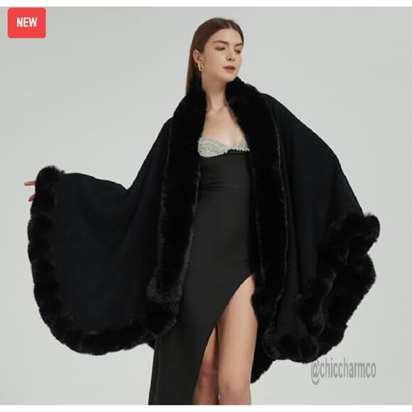 Faux Fur Trim Cardigan Cloak Shawl Wrap Winter Poncho Cape - Picture 3 of 8
